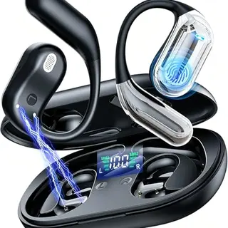 Bluetooth Open Ear Sportkopfhörer mit 50 Std Akku, Schnellladung, flexiblen Ohrhaken, Touch-Control, Klarmikrofon, LED-Ladebox, wasserfest