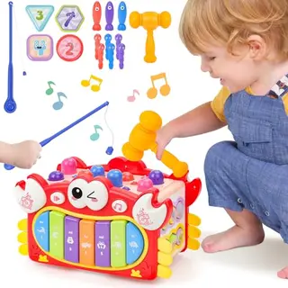 deAO Musikalische Krabbe Spielzeug, Montessori Lernspielzeug mit Xylophon, Hammerspiel und Angelspiel für Kinder