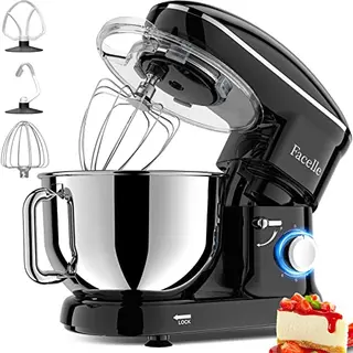 Facelle Planetaria-Knetmaschine 2000W, 6,2 l aus Edelstahl, mit Schneebesen & Knethaken, spülmaschinenfest, schwarz