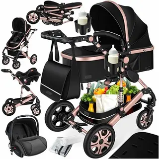 KESSER® 4 in 1 Kombikinderwagen Set mit Babywanne, Buggy, Babyschale, Wickeltasche und Regenschutz, Schwarz/Rosé Gold
