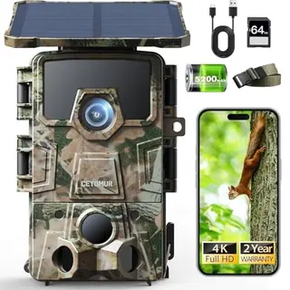 CEYOMUR 4K Wildkamera mit Solar, Wi-Fi, 64MP, 120° Weitwinkel, 0,1s Auslösezeit, Akku & SD-Karte, wasserdicht