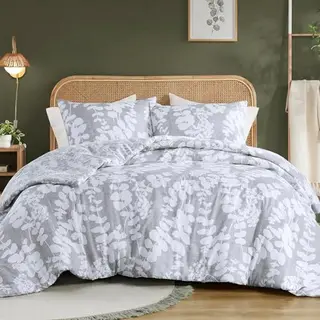 Sedefen Bettwäsche 135x200 mit Pflanzenmuster, grau/weiß, Wendebettwäsche aus Mikrofaser, Öko-Tex, für Allergiker, 1 Bettbezug & 1 Kissenbezug 80x80