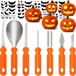 BELSVOR 7 Stück Halloween Kürbis Schnitzset mit 4 Aufklebern, ideal für Kinder und Erwachsene, Halloween-Dekorationen