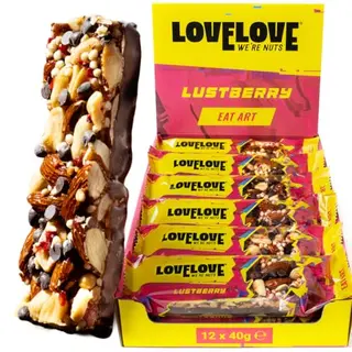 LOVELOVE Lustberry Nussriegel mit Mandeln, Zartbitterschokolade & Himbeeren, glutenfrei, ballaststoffreich, 12 x 40 g