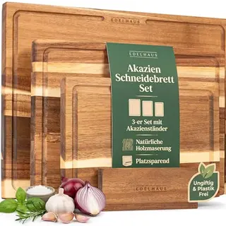 Edelhaus Schneidebrett Holz 3er Set aus Akazie, verschiedene Größen, mit Saftrille, für die Küche