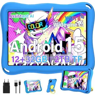 Kinder Tablet 9 Zoll, 32GB ROM, Android 15, Face ID, Eva Case Blau
