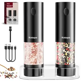 Kotopa Elektrische Salz- und Pfeffermühle, Wiederaufladbar mit 5 Stufen, 2er Set Schwarz