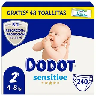 Dodot Sensitive Babywindeln Größe 2 (4-8 kg) - 240 Windeln + 40 Aqua Pure Feuchttücher