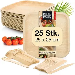Moritz & Moritz nachhaltiges Palmblatt-Geschirrset für 25 Personen, 25 Teller 25 x 25 cm, Holzbesteck, umweltfreundliche Alternative