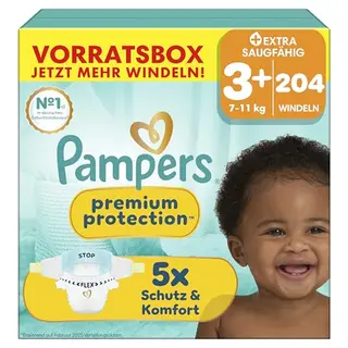 Pampers Premium Protection Größe 3+, 204 Windeln, 7-11 kg, bester Haut- und Auslaufschutz