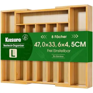 Kitsure Besteckkasten aus Bambus, 8 Fächer, Küchen Organizer, 33,6 x 4,5 x 29-47 cm