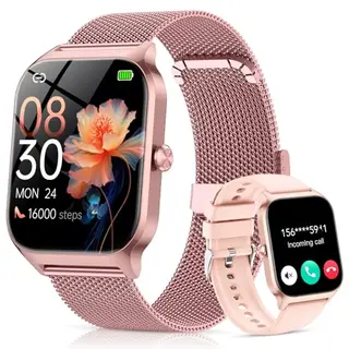 CASCHO Damen Smartwatch mit Telefonfunktion, 1.85'' Display, 120+ Sportmodi, Herzfrequenz, SpO2, Schrittzähler, Schlafmonitor, wasserdicht, für iOS & Android, Roségold
