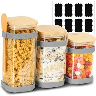 Vorratsdosen aus Glas 3er Set mit Silikonhülle und Holzlöffeln, stapelbare Aufbewahrungsgläser für die Küche