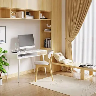 WOLTU Weißer Computertisch mit Schublade und Ablagefach – 110x50x75 cm, Holzplatte, Stahlgestell