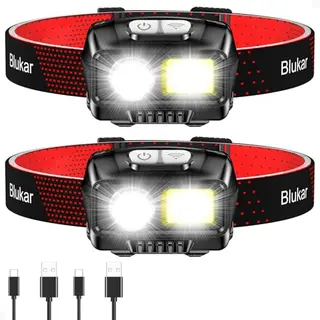 Blukar LED Stirnlampe, wiederaufladbar, 2000L, mit Rotlicht, 2 Stück