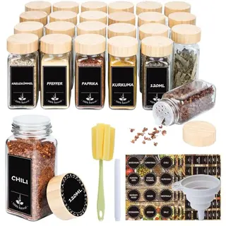 Ferghana Gewürzgläser Set, 24x120ml, mit Deckel, Streueinsatz, Etiketten, Reinigung, Trichter und Stift – Gewürzorganizer