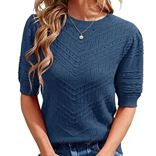 Runcati Damen Kurzarm Strickpullover, Casual, Rundhals, Puffärmel, Elegant, Einfarbig, Dunkelblau, S