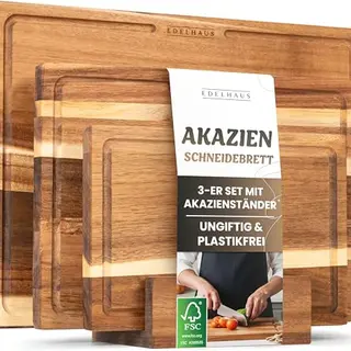 EDELHAUS Schneidebrett Holz 3er Set aus Akazie, verschiedene Größen, mit Saftrille
