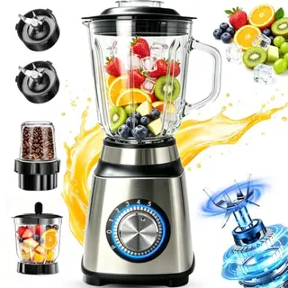 Standmixer mit 1500W, 1,5 L Glasbehälter, Edelstahl Blender, 6 Stufen & Klingen, Fleisch- & Mahlbecher