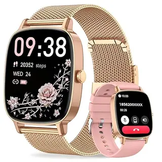 Smartwatch Damen mit Telefonfunktion, 1.85" HD Touchscreen, 120+ Sportmodi, IP68 wasserdicht, Herzfrequenz & Schlafmonitor, 2 Armbänder - Gold