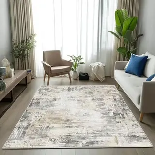 SOJAWA Shabby Chic Teppich 180x230cm, Beige-Grau, Waschbar, Rutschfest, Weich, Kurzflor – Für Wohnzimmer, Schlafzimmer, Flur, Esszimmer, Büro