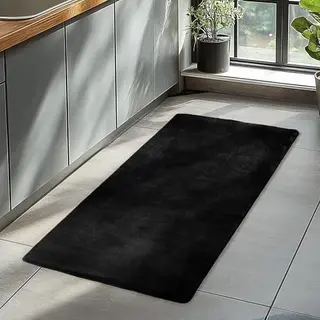 HomebyHome Kurzflor Läufer 60 x 100 cm Schwarz – Moderner, waschbarer, rutschfester Teppich für Flur & mehr