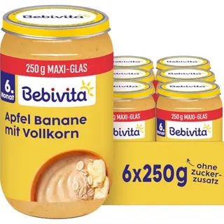 Bebivita Apfel Bananen mit Vollkorn, 6 x 250g, ab 6. Monat, ohne Zuckerzusatz, mild & babygerecht