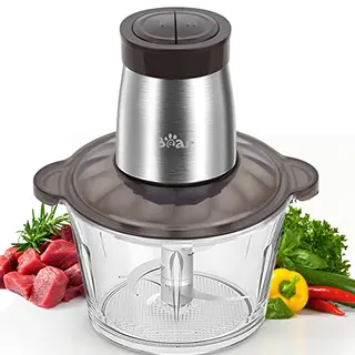 Bear 2L Universalzerkleinerer mit Glasbehälter, 2 Geschwindigkeiten, Ein-Hand Pulsfunktion, Edelstahlklingen, geeignet für Fleisch, Babynahrung & Gemüse