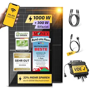 Solakon 800W Balkonkraftwerk mit Wechselrichter, 500W bifaziale Solarmodule, inkl. Zubehör, 5m Kabel, ohne Halterung
