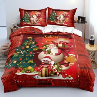 Weihnachts Bettwäsche 135x200 cm, Rot und Grün, 2-teilig, Weihnachtsmotive, für Jugendliche und Kinder, mit Reißverschluss