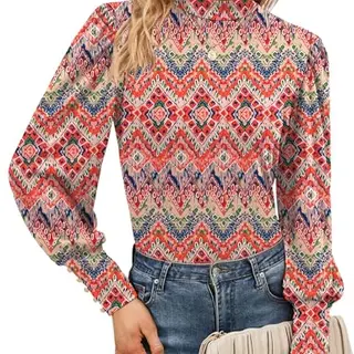 Tisfeer Damenbluse mit Langarm, Rollkragen, Puffärmel, locker sitzend, Basic Oberteil, bohemischer Druck, XXL