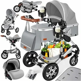 KESSER® Loops 4 in 1 Kinderwagen Komplett-Set mit Babywanne, Buggy, Babyschale & Wickeltasche, Grau/Silber