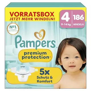 Pampers Premium Protection Windeln Größe 4, 186 Stück, für 9-14 kg, hervorragender Haut- und Auslaufschutz