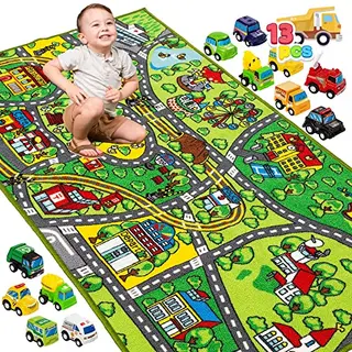 JOYIN Kinderteppich 80x150cm mit 12 Mini-Autos für Kinder ab 3 Jahren - Spielteppich Straße für Jungen und Mädchen