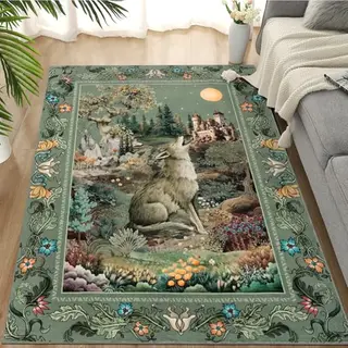 TUKDAK Wölfin Teppich, rutschfest, 120x180cm, grün, waschbar, geeignet für Schlafzimmer, Kinderzimmer, Büro und Esszimmer