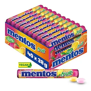 Mentos Fruit Dragees - Fruchtbonbons mit Orange, Zitrone, Erdbeere – Süßigkeiten Multipack (40 Rollen), vegan