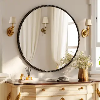 Koonmi runder Wandspiegel 80 cm, schwarzer PU-Perlenrahmen