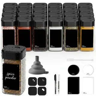 KDIUD 24 Gewürzgläser, eckig mit Drehdeckel, 120 ml, Gewürzdosen Set, versiegelt, Organizer, mit Etiketten, schwarz