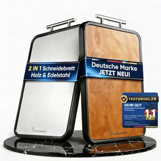 Doppelseitiges Schneidebrett aus Holz & Edelstahl – 2-in-1 Küchenbrett, Rutschfest, Groß mit Saftrille & Anti-Slip-Rahmen