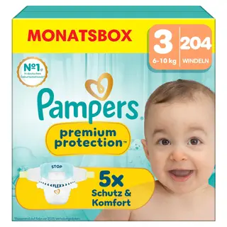 Pampers Premium Protection Größe 3, 204 Windeln, 6kg-10kg - Haut- und Auslaufschutz