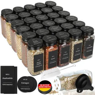 30er Set Gewürzgläser – Eckig mit Streueinsatz, 120ml, luftdicht, Schwarz, inklusive 324 wasserfeste Labels, Gewürzbehälter, Glas Organizer