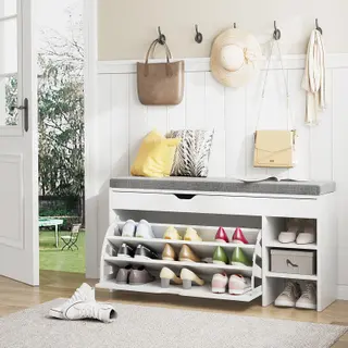 VOWNER Schuhschrank mit Klappen und Sitzbank, Weiß, 100x30x55cm