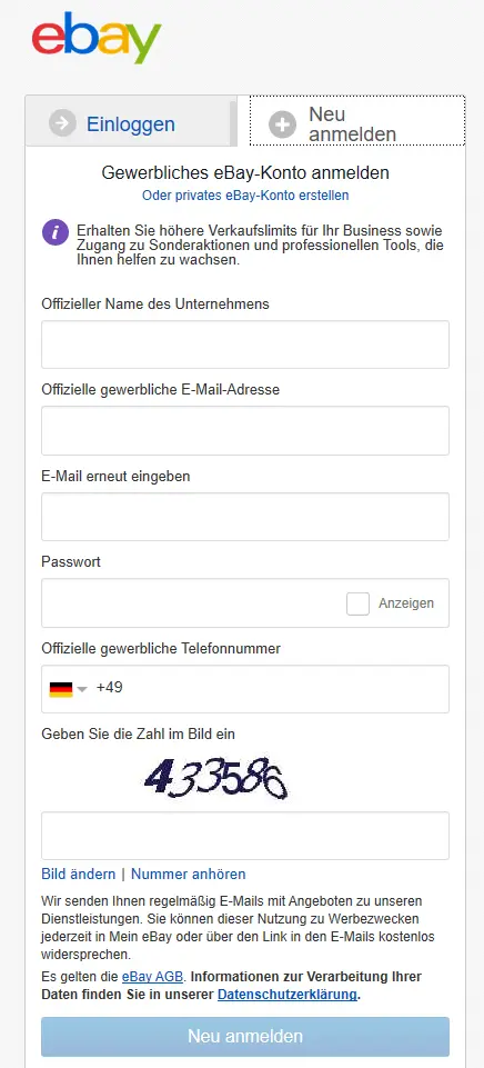 Gewerbliches eBay Konto erstellen: Anmeldung