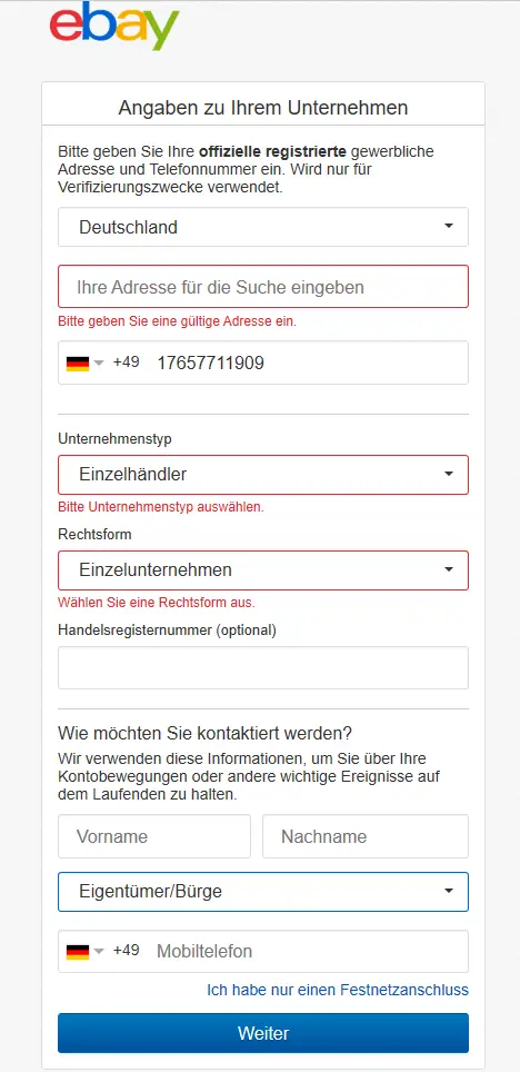 Gewerbliches eBay Konto erstellen: Angaben zum Unternehmen
