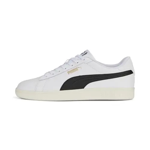 PUMA Smash 3.0 Unisex Sneaker in Weiß, Schwarz und Gold, Größe 38.5 EU