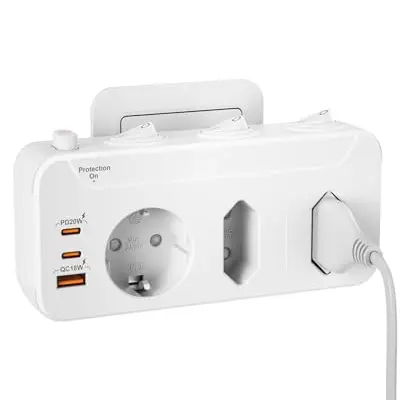 Doppelstecker mit USB-C und Schalter, Weiß - mit Kindersicherung