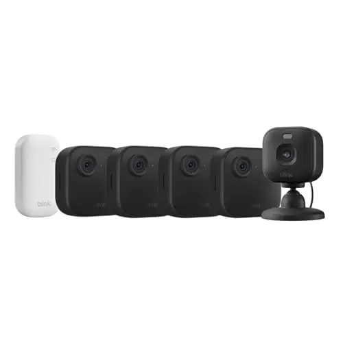 Blink Outdoor 4-Kamera Set und Blink Mini 2K+ Innenkamera, Schwarz, inkl. Sync Module
