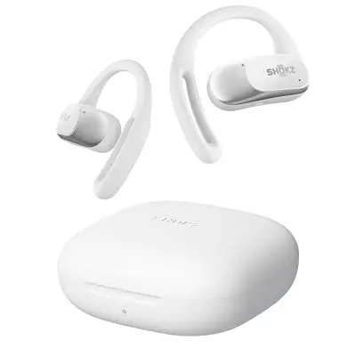 SHOKZ OpenFit Air Bluetooth-Ohrhörer, True Wireless, wasserdicht IP54, mit Mikrofon und Tragetasche, Weiß