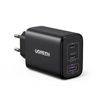 UGREEN 65W USB C Ladegerät, 3-Port Schnellladegerät für MacBook, iPad, iPhone 17, Galaxy S25, Pixel, Steam Deck (Schwarz)