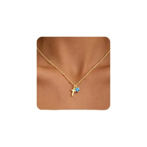 Turandoss Aquamarine Light Blue Herz Birthstone Kreuz-Halskette für Damen